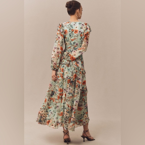BHLDN Floral Chiffon Plunge Long-Sleeve Ruffle Maxi Dress Sz XS - Picture 2 of 8